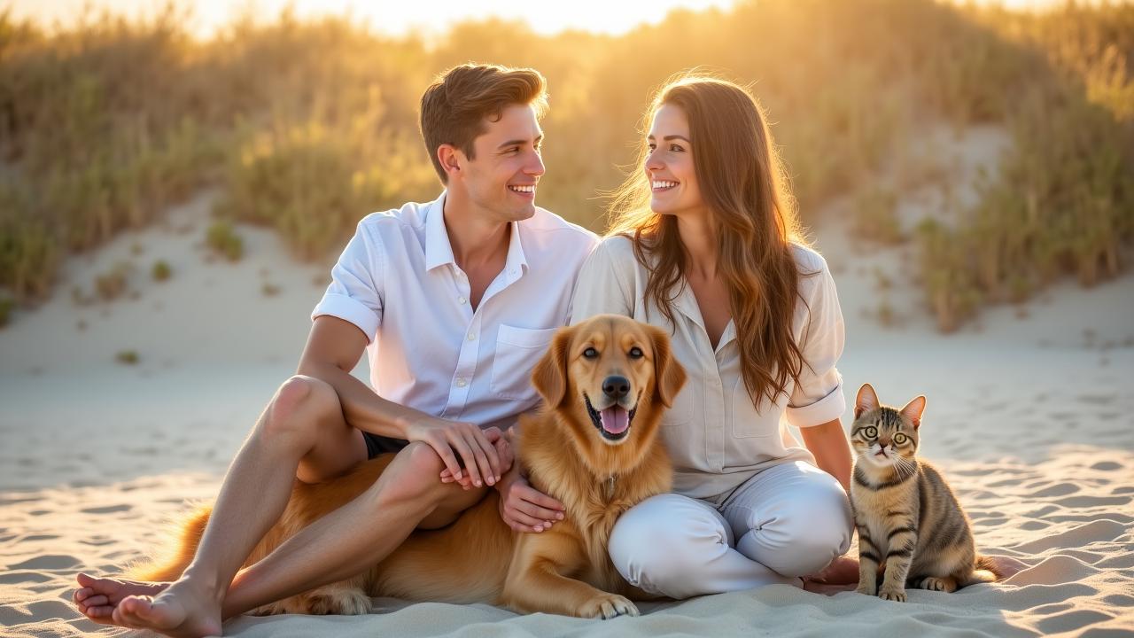 Tide & Tail Pet Co. founders playing with their dog and cat on a sunny San Diego beach