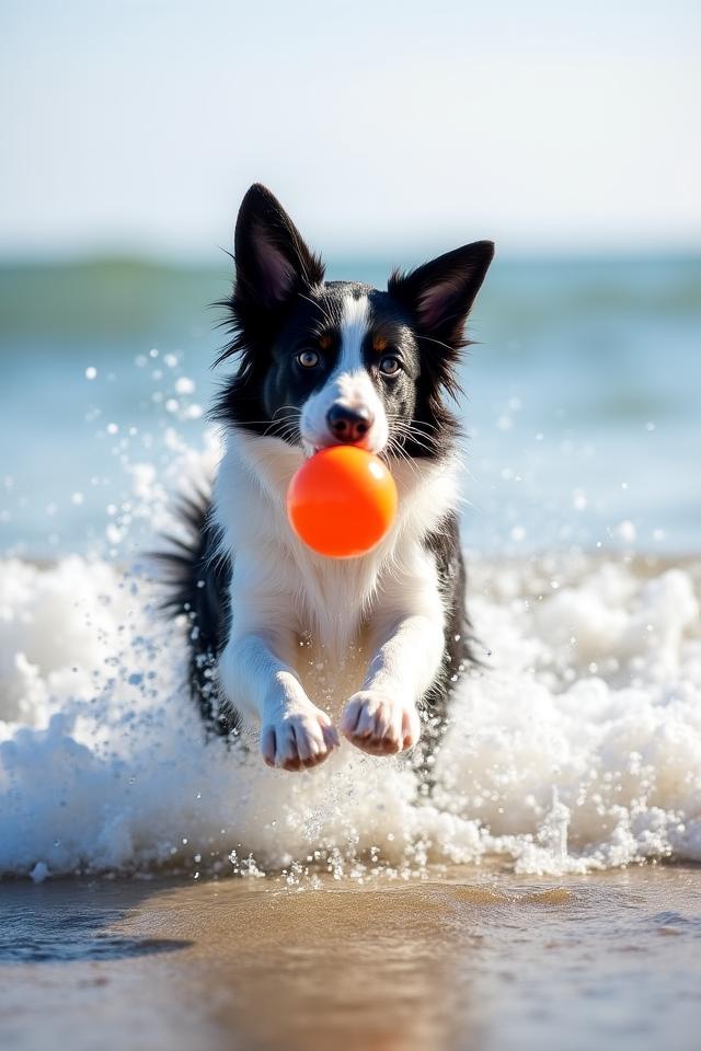 Border Collie with waterproof leash in the waves