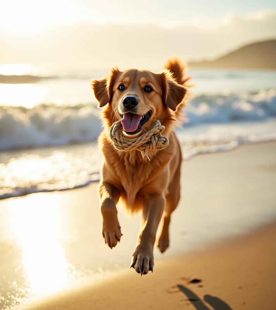 Happy Golden Retriever with natural hemp rope toy