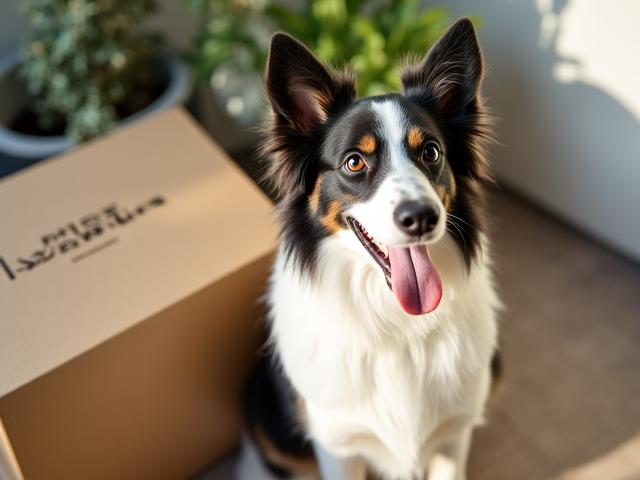 Happy dog sitting by a Tide & Tail Pet Co. delivery box