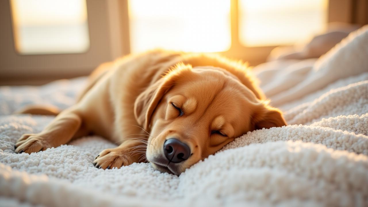 A serene Golden Retriever resting peacefully on a soft hypoallergenic white blanket in a sunlit room