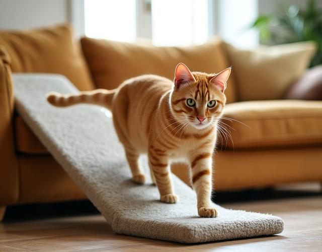 Senior cat walking up a soft-textured ramp to reach a sunlit couch
