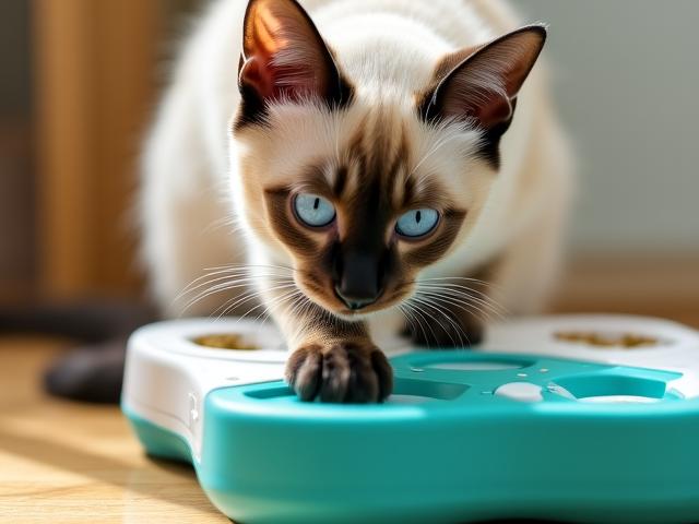 A cat solving a complex puzzle feeder in a bright apartment