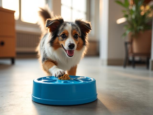 A happy dog using an interactive treat dispenser