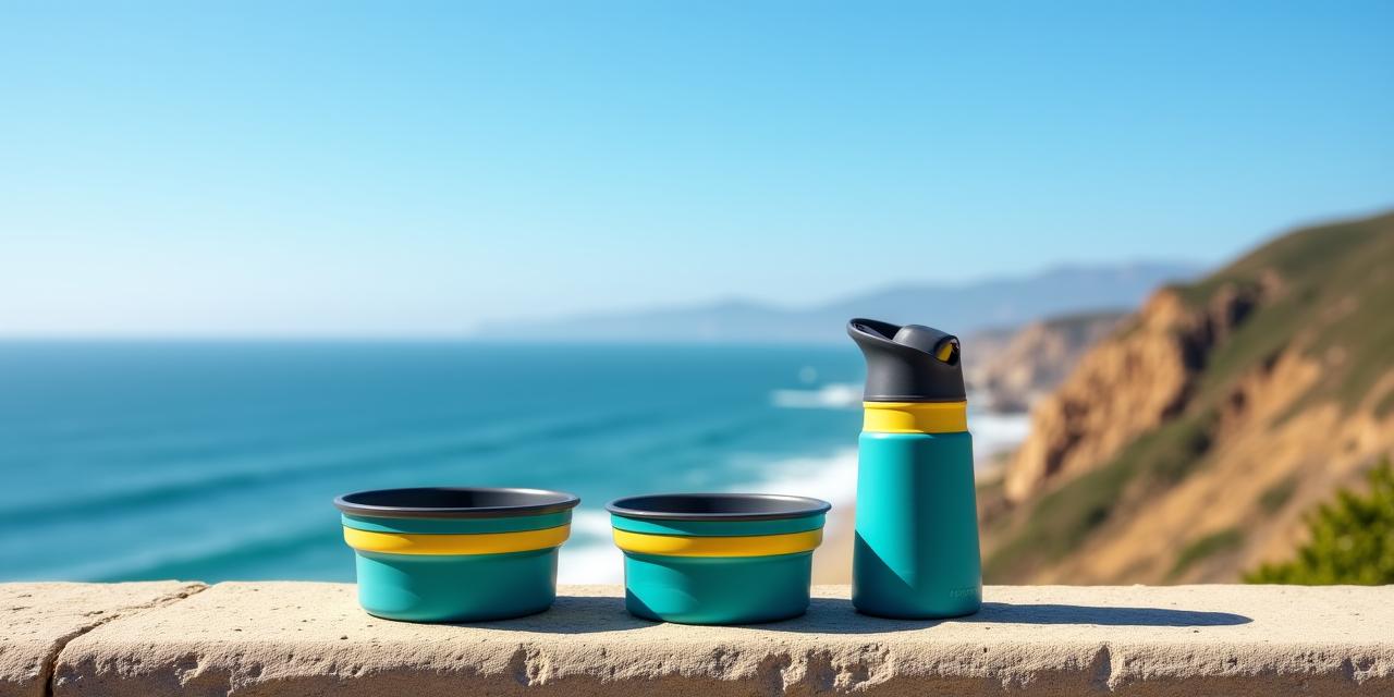 Collapsible pet bowls and smart water bottle on a hiking trail overlooking the coast